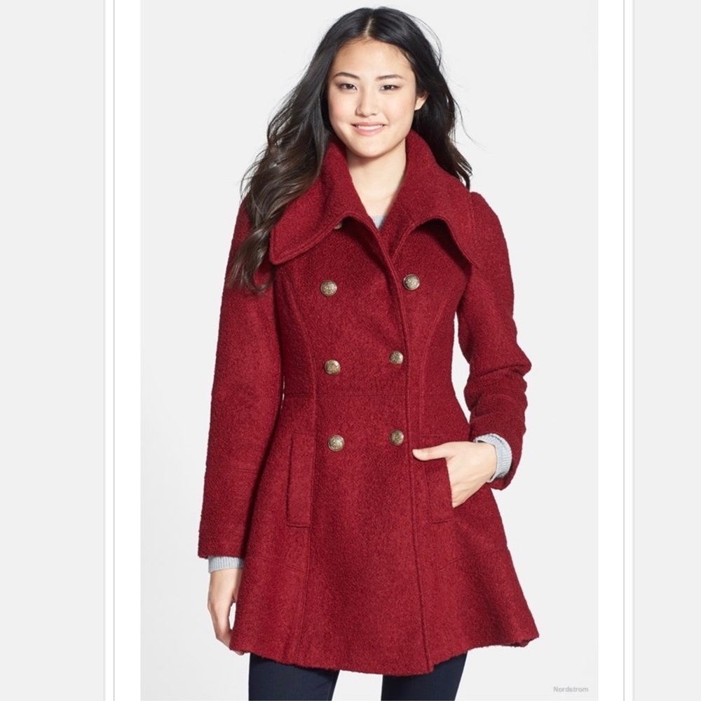 GUESS Double Breasted Bouclé Coat Red Burgundy Large Gold Buttons fit & flare